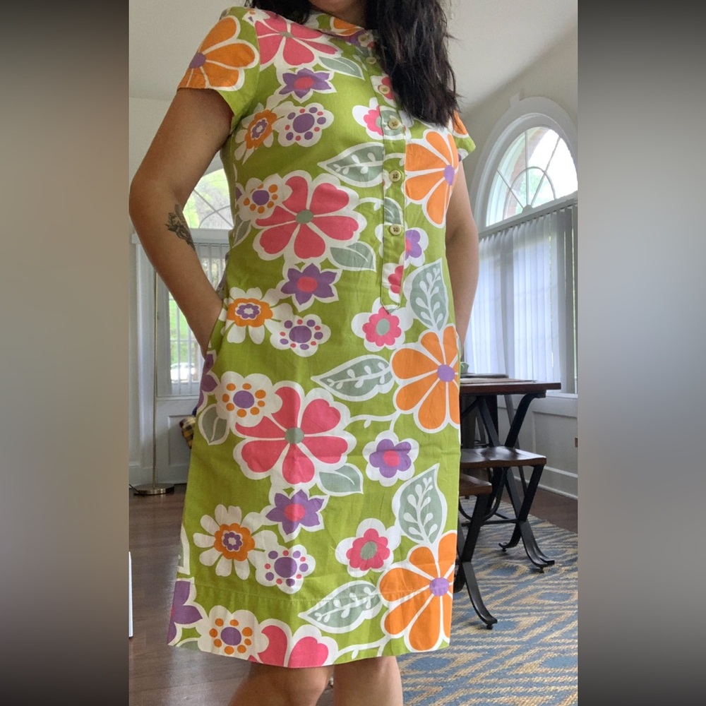 Boden Green Floral Retro Hawaiian Print Shift Dress with Pockets | Size